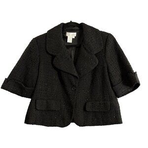 Vtg Spiegel Women Short Cuff Sleeves Wool Sequence Swing Blazer Sz 12 Black C-20
